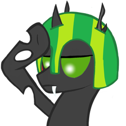 Size: 1000x1000 | Tagged: safe, artist:toyminator900, oc, oc only, oc:éling chang, species:changeling, changeling loves watermelon, changeling oc, food, green changeling, helmet, rainbow dash salutes, salute, simple background, solo, transparent background, watermelon