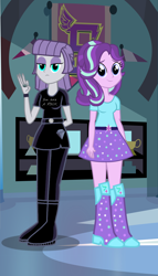 Size: 3424x5968 | Tagged: safe, artist:drewmwhit, artist:themexicanpunisher, character:boulder, character:maud pie, character:starlight glimmer, my little pony:equestria girls, absurd resolution, boots, breasts, clothing, crystal prep academy, cutie mark, female, high heel boots, looking at you, new outfit, skirt, trophy