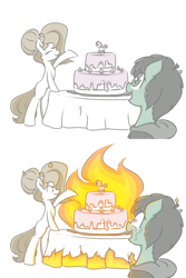 Size: 800x1200 | Tagged: safe, artist:dsp2003, artist:lalieri, oc, oc only, oc:brownie bun, oc:tjpones, species:earth pony, species:pony, birthday cake, cake, clothing, collaboration, comic, crying, female, fire, flat colors, food, happy, how, male, mare, open mouth, stallion, starry eyes, this will end in pain, this will end in tears, wingding eyes