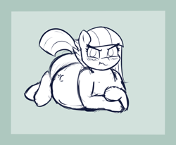 Size: 1162x958 | Tagged: safe, artist:funble, character:limestone pie, species:earth pony, species:pony, blushing, female, limetsun pie, looking at you, lying down, mare, monochrome, pregnant, pregnant limestone, prone, scrunchy face, simple background, solo, tsundere