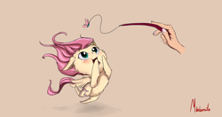 Size: 1700x900 | Tagged: safe, artist:miokomata, character:fluttershy, species:human, species:pegasus, species:pony, behaving like a cat, cat toy, cute, duo, fluttercat, hand, happy, hnnng, jumping, looking at something, looking up, midair, shyabetes, simple background, smiling