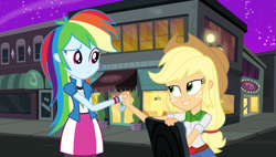 Size: 1185x675 | Tagged: safe, artist:cider-crave, artist:diegator007, artist:themexicanpunisher, character:applejack, character:rainbow dash, my little pony:equestria girls, apple, block, chair, clothing, compression shorts, cowboy hat, denim skirt, female, freckles, hat, implied appledash, implied lesbian, implied shipping, sitting, skirt, stetson, wristband