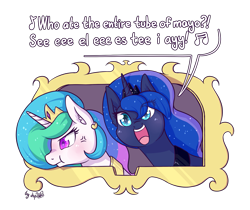 Size: 1527x1280 | Tagged: safe, artist:dsp2003, character:princess celestia, character:princess luna, species:alicorn, species:pony, blushing, blushing profusely, comic, cross-popping veins, cute, cutelestia, ear fluff, eye clipping through hair, female, lunabetes, mare, nose wrinkle, open mouth, royal sisters, scrunchy face, shaming, sibling teasing, simple background, single panel, this will end in tears and/or a journey to the moon, transparent background, wingding eyes