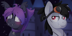 Size: 1600x800 | Tagged: safe, artist:pearlyiridescence, derpibooru original, oc, oc only, oc:astral void, oc:commissar junior, species:bat pony, species:pony, blind, blushing, castle, collar, fangs, goggles, grin, icon, looking at each other, male, night, scar, smiling, stallion