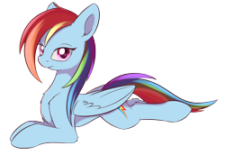 Size: 1194x822 | Tagged: safe, artist:dusthiel, character:rainbow dash, species:pegasus, species:pony, backwards cutie mark, chest fluff, colored pupils, female, looking at you, mare, multicolored hair, prone, simple background, solo, transparent background