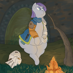 Size: 2500x2500 | Tagged: safe, artist:lupin quill, character:maud pie, species:earth pony, species:pony, armor, belly, bonfire, chubby, crossover, dark souls, fat, female, fire, mare, maud pudge, sitting, solo, thunder thighs, video game crossover, weapon