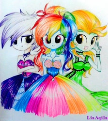 Size: 960x1074 | Tagged: safe, artist:liaaqila, character:gilda, character:lightning dust, character:rainbow dash, my little pony:equestria girls, choker, clothing, cute, dashabetes, dress, dustabetes, equestria girls-ified, female, flying trio, gildadorable, jewelry, looking at you, necklace, pretty, rainbow dash always dresses in style