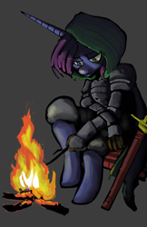 Size: 1242x1920 | Tagged: safe, artist:fauxsquared, character:princess luna, species:alicorn, species:anthro, species:pony, species:unguligrade anthro, luna-afterdark, armor, campfire, cloak, clothing, female, fire, sad, solo