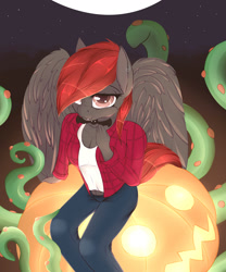 Size: 2000x2400 | Tagged: safe, artist:chapaevv, oc, oc only, oc:spiral night, species:anthro, clothing, fangs, female, halloween, holiday, jack-o-lantern, jeans, looking at you, moon, night, pants, pumpkin, red hair, solo, stars, tentacles