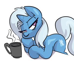 Size: 1280x1051 | Tagged: safe, artist:fauxsquared, character:trixie, species:pony, species:unicorn, bags under eyes, bedroom eyes, coffee mug, female, leaning, lidded eyes, looking at you, mug, no pupils, simple background, solo, steam, tired, white background