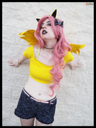 Size: 3456x4608 | Tagged: safe, artist:krazykari, character:fluttershy, species:human, absurd resolution, belly button, bra strap, clothing, cosplay, costume, emoshy, fishnets, high res, irl, irl human, midriff, photo, short shirt, shorts