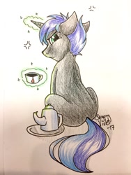 Size: 960x1280 | Tagged: safe, artist:sugaryviolet, oc, oc only, species:pony, species:unicorn, commission, cup, looking back, magic, sitting, solo, tea kettle, teacup, telekinesis, traditional art