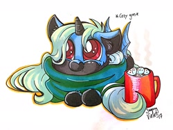 Size: 1280x957 | Tagged: safe, artist:sugaryviolet, oc, oc only, species:bat pony, species:pony, blanket, commission, cozy, cute, descriptive noise, mug, solo, traditional art