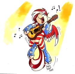 Size: 1280x1259 | Tagged: safe, artist:sugaryviolet, oc, oc only, oc:luna jax, species:pegasus, species:pony, american flag, commission, eyes closed, flying, guitar, music notes, open mouth, singing, solo, traditional art, united states, unshorn fetlocks
