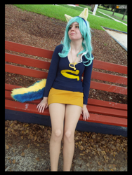 Size: 3456x4608 | Tagged: safe, artist:krazykari, character:lyra heartstrings, species:human, my little pony:equestria girls, absurd resolution, bench, clothing, cosplay, costume, high res, irl, irl human, photo, solo, wondercolts