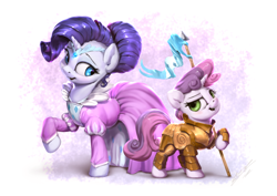 Size: 1200x850 | Tagged: safe, artist:assasinmonkey, character:rarity, character:sweetie belle, species:pony, species:unicorn, episode:forever filly, g4, my little pony: friendship is magic, abstract background, armor, banner, clothing, cosplay, costume, cute, dress, duo, fantasy class, female, filly, knight, lance, mare, pennant, princess, raised hoof, signature, sisters, smiling, warrior, weapon