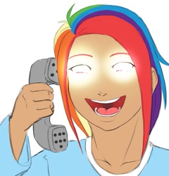 Size: 527x550 | Tagged: safe, artist:eve-ashgrove, edit, character:rainbow dash, species:human, aku, dark skin, extra thicc, female, glowing eyes, humanized, meme, open mouth, phone, samurai jack, simple background, smiling, solo, white background