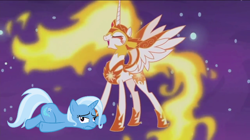 Size: 800x449 | Tagged: safe, artist:tardifice, artist:themexicanpunisher, edit, edited screencap, screencap, character:daybreaker, character:princess celestia, character:trixie, species:pony, species:unicorn, episode:a royal problem, g4, my little pony: friendship is magic, eyes closed, female, laughing, mare, open mouth, stars