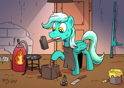 Size: 1754x1240 | Tagged: safe, artist:pony-berserker, oc, oc only, oc:charity chase, species:pegasus, species:pony, apron, blacksmith, clothing, door, fishing rod, hammer, male, mouth hold, not lyra, paint, smithing, solo, stallion, sweat