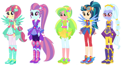 Size: 1110x598 | Tagged: safe, artist:ra1nb0wk1tty, character:indigo zap, character:lemon zest, character:sour sweet, character:sugarcoat, character:sunny flare, equestria girls:legend of everfree, g4, my little pony: equestria girls, my little pony:equestria girls, arm warmers, boots, bow tie, clothing, crystal guardian, crystal prep shadowbolts, crystal wings, ear piercing, earring, female, glasses, gloves, goggles, headband, heart, high heel boots, jewelry, necklace, pendant, piercing, ponied up, pony ears, ponytail, shadow five, shoes, simple background, skirt, sneakers, stars, super ponied up, white background, wings