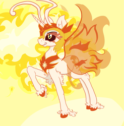 Size: 1413x1437 | Tagged: safe, artist:paskanaakka, derpibooru original, character:daybreaker, character:princess celestia, species:breezies, episode:a royal problem, g4, my little pony: friendship is magic, abstract background, breeziefied, chest fluff, colored hooves, ear fluff, female, grin, raised hoof, smiling, solo, species swap, spread wings, unshorn fetlocks, wings