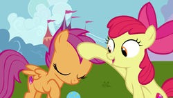 Size: 8807x5000 | Tagged: safe, artist:frownfactory, character:apple bloom, character:scootaloo, species:earth pony, species:pegasus, species:pony, episode:forever filly, g4, my little pony: friendship is magic, absurd resolution, adorabloom, ball, behaving like a dog, cute, cutealoo, cutie mark, female, filly, head pat, pat, scootapup, the cmc's cutie marks, vector, wings