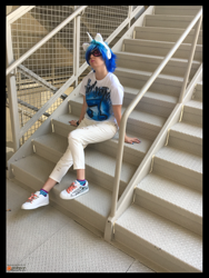 Size: 3024x4032 | Tagged: safe, artist:krazykari, character:dj pon-3, character:vinyl scratch, species:human, absurd resolution, clothing, cosplay, costume, high res, irl, irl human, photo, solo, stairs