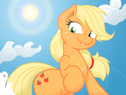 Size: 1800x1357 | Tagged: safe, artist:joey darkmeat, artist:starbolt-81, character:applejack, cloud, cloudy, female, hatless, looking at you, looking down, missing accessory, raised hoof, sky, solo, sun