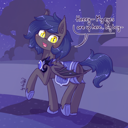 Size: 1920x1920 | Tagged: safe, artist:dsp2003, oc, oc only, oc:major umbra, species:bat pony, species:pony, armor, blushing, clothing, comic, commission, fangs, featureless crotch, female, guardsmare, looking at you, mare, night guard, open mouth, single panel, slit eyes, solo, starry sky, stars