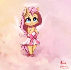 Size: 1100x1080 | Tagged: safe, artist:miokomata, character:fluttershy, species:pegasus, species:pony, angel, bipedal, birthday gift, clothing, cloud, cute, dress, female, fluttershy the angel, folded wings, halo, hooves together, looking at you, mare, shyabetes, smiling, solo, sundress, unshorn fetlocks