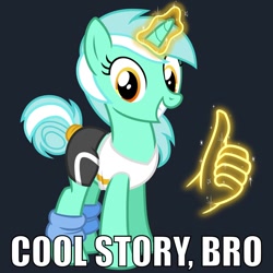 Size: 1000x1000 | Tagged: safe, artist:cheezedoodle96, derpibooru original, character:lyra heartstrings, species:pony, species:unicorn, alternate hairstyle, caption, clothing, cool story bro, female, glowing horn, hand, leg warmers, looking at you, magic, magic hands, mare, meme, reaction image, shirt, simple background, smiling, solo, spandex, thumbs up, workout outfit