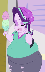 Size: 1576x2500 | Tagged: safe, artist:lupin quill, character:starlight glimmer, my little pony:equestria girls, spoiler:eqg specials, bbw, beanie, belly, big belly, breasts, cleavage, clothing, eyes closed, fat, fat edit, female, food, hat, ice cream, jacket, messy eating, muffin top, obese, scene interpretation, solo, starlard glimmer, that human sure does love ice cream, this will end in diabetes, thunder thighs, tight clothing, torn jeans, weight gain