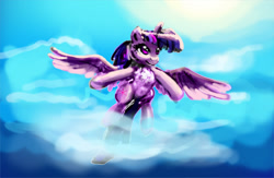 Size: 1000x650 | Tagged: safe, artist:xbi, character:twilight sparkle, character:twilight sparkle (alicorn), species:alicorn, species:pony, female, flying, sky, solo, spread wings, wings