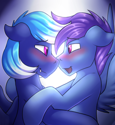 Size: 2154x2332 | Tagged: safe, artist:dripponi, artist:lattynskit, oc, oc only, oc:noxy, oc:windy dripper, species:pegasus, species:pony, blushing, gay, looking at each other, male, noxydrip, open mouth, preview, shipping, teaser