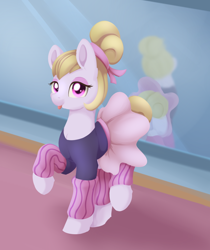 Size: 998x1187 | Tagged: safe, artist:dusthiel, character:hoofer steps, species:earth pony, species:pony, episode:on your marks, g4, my little pony: friendship is magic, ballerina, ballet, clothing, female, leg warmers, looking at you, mare, mirror, plot, raised hoof, raised leg, smiling, solo, tongue out, tutu