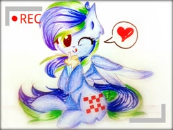 Size: 1024x768 | Tagged: safe, artist:liaaqila, oc, oc only, oc:felicity stars, species:pegasus, species:pony, camera shot, commission, cute, female, heart, looking at you, milkshake, one eye closed, pictogram, solo, traditional art, wink