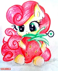 Size: 868x1064 | Tagged: safe, artist:liaaqila, character:strawberry sunrise, species:pegasus, species:pony, episode:honest apple, g4, my little pony: friendship is magic, cute, female, heart eyes, looking at you, mare, signature, simple background, solo, strawwberry sunrise, traditional art, white background, wingding eyes