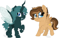 Size: 1024x642 | Tagged: safe, artist:tambelon, oc, oc only, oc:pariah, oc:star sketcher, species:changeling, species:pegasus, species:pony, changeling oc, chibi, duo, female, glasses, mare, simple background, transparent background, watermark