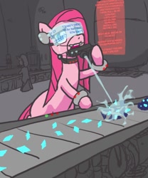 Size: 500x600 | Tagged: safe, artist:moronsonofboron, character:pinkamena diane pie, character:pinkie pie, species:earth pony, species:pony, assembly line, collar, crystal, cyberpunk, diamonds, factory, female, gem, hmd, hologram, mare, ore, slave, slavery, solo, storm princess, the simpsons, visor