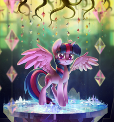 Size: 1993x2132 | Tagged: safe, artist:dawnfire, character:twilight sparkle, character:twilight sparkle (alicorn), species:alicorn, species:pony, chandelier, colored pupils, cutie map, depth of field, female, golden oaks chandelier, looking at you, mare, solo, spread wings, tree of memories, twilight's castle, wings