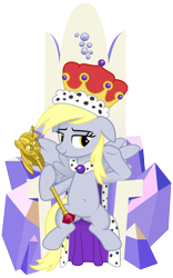 Size: 2000x3200 | Tagged: safe, artist:cheezedoodle96, character:derpy hooves, species:pegasus, species:pony, episode:a royal problem, g4, my little pony: friendship is magic, .svg available, belly button, cape, clothing, crown, female, friendship throne, jewelry, lidded eyes, looking at you, mare, princess derpy, queen derpy, regalia, scene interpretation, scepter, simple background, sitting, solo, spread wings, svg, throne, transparent background, twilight scepter, underp, vector, wings