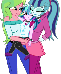 Size: 1378x1674 | Tagged: safe, artist:cbear624, character:lemon zest, character:sonata dusk, oc, oc:melody zest, parent:lemon zest, parent:sonata dusk, parents:lemonata, equestria girls:friendship games, equestria girls:rainbow rocks, g4, my little pony: equestria girls, my little pony:equestria girls, breasts, carrying, clothing, family, female, lesbian, magical lesbian spawn, mother and daughter, offspring, older, simple background, smiling, transparent background