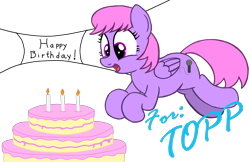 Size: 2389x1548 | Tagged: safe, artist:an-tonio, artist:toyminator900, derpibooru original, oc, oc only, oc:melody notes, species:pegasus, species:pony, banner, birthday cake, cake, candle, female, folded wings, food, gift art, happy, jumping, mare, open mouth, simple background, smiling, solo, transparent background