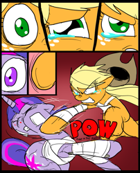 Size: 827x1025 | Tagged: safe, artist:metal-kitty, character:applejack, character:twilight sparkle, comic:mlp project, abuse, angry, blood, comic, crying, grimdark series, pow, punch