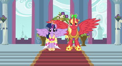 Size: 1211x660 | Tagged: safe, artist:themexicanpunisher, character:big mcintosh, character:twilight sparkle, character:twilight sparkle (alicorn), species:alicorn, species:pony, ship:twimac, episode:castle sweet castle, g4, my little pony: friendship is magic, balcony, big crown thingy, canterlot, clothing, crown, dress, female, flower, jewelry, male, princess big mac, regalia, shipping, sky, stairs, straight, vector