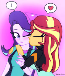 Size: 800x939 | Tagged: safe, artist:cbear624, character:starlight glimmer, character:sunset shimmer, ship:shimmerglimmer, equestria girls:mirror magic, g4, my little pony: equestria girls, my little pony:equestria girls, spoiler:eqg specials, beanie, blushing, clothing, exclamation point, eyes closed, female, hat, heart, hug, jacket, kissing, leather jacket, lesbian, one eye closed, shipping