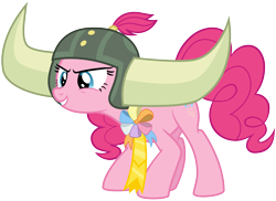 Size: 3300x2400 | Tagged: safe, artist:cheezedoodle96, character:pinkie pie, species:pony, episode:not asking for trouble, g4, my little pony: friendship is magic, .svg available, ambassador badge, crouching, cute, diapinkes, female, helmet, honorary yak horns, horned helmet, lidded eyes, mare, simple background, smiling, solo, svg, transparent background, vector, viking helmet