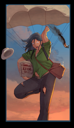 Size: 1200x2077 | Tagged: safe, artist:eve-ashgrove, artist:vest, character:daring do, species:human, box, clothing, collaboration, female, fire, humanized, looking down, parachute, plane, solo