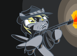 Size: 2338x1700 | Tagged: safe, artist:tess, character:derpy hooves, species:pony, female, gun, mafia, solo, tommy gun, weapon