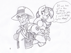 Size: 1084x809 | Tagged: safe, artist:joey darkmeat, character:trixie, character:twilight sparkle, species:pony, crossover, jar, jarate, lineart, monochrome, pee in container, plushie, sketch, sniper, team fortress 2, traditional art, urine